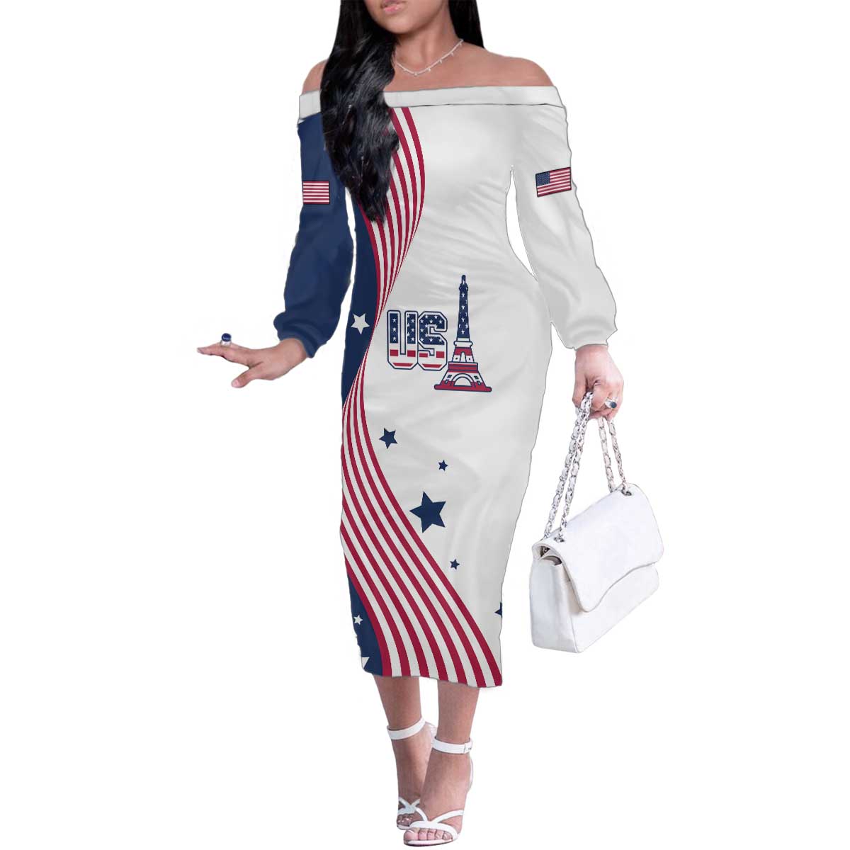 Custom USA Summer Sport 2024 Family Matching Off The Shoulder Long Sleeve Dress and Hawaiian Shirt Flag Of The United States - Wonder Print Shop