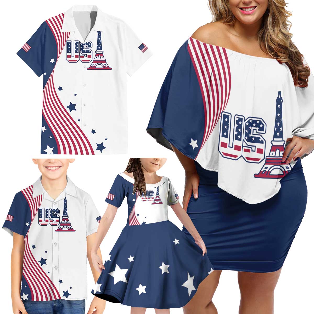 Custom USA Summer Sport 2024 Family Matching Off Shoulder Short Dress and Hawaiian Shirt Flag Of The United States - Wonder Print Shop