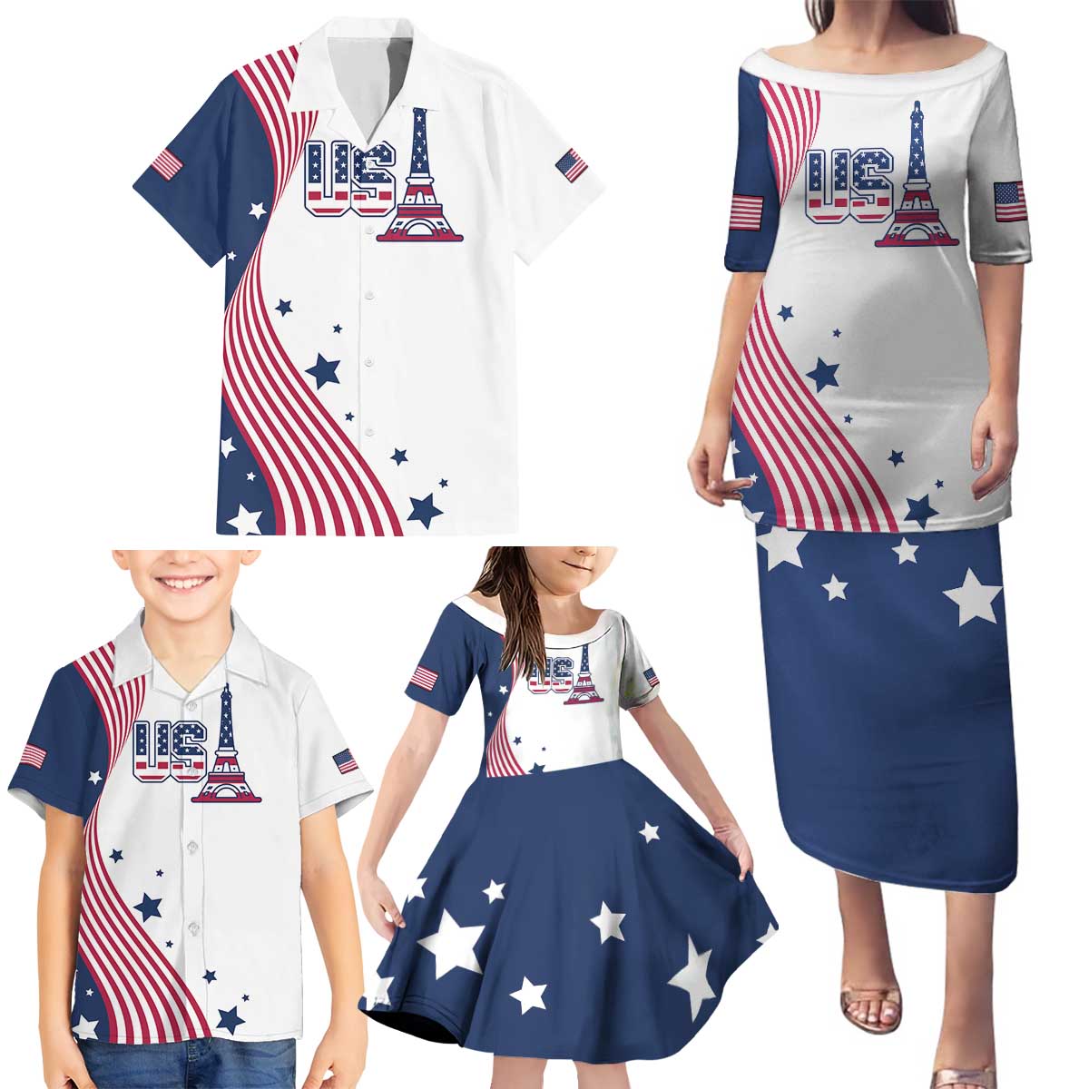 Custom USA Summer Sport 2024 Family Matching Puletasi and Hawaiian Shirt Flag Of The United States - Wonder Print Shop