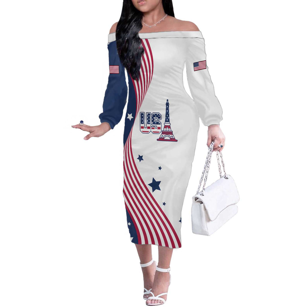 Custom USA Summer Sport 2024 Off The Shoulder Long Sleeve Dress Flag Of The United States - Wonder Print Shop