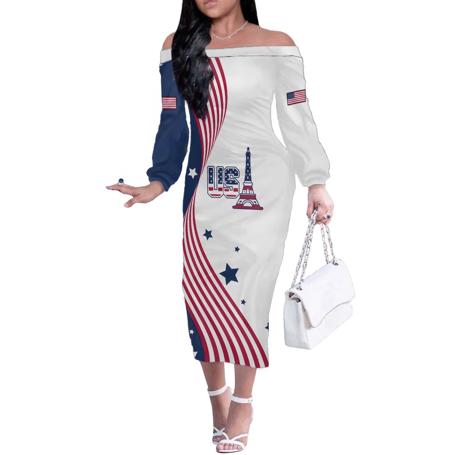 Custom USA Summer Sport 2024 Off The Shoulder Long Sleeve Dress Flag Of The United States - Wonder Print Shop