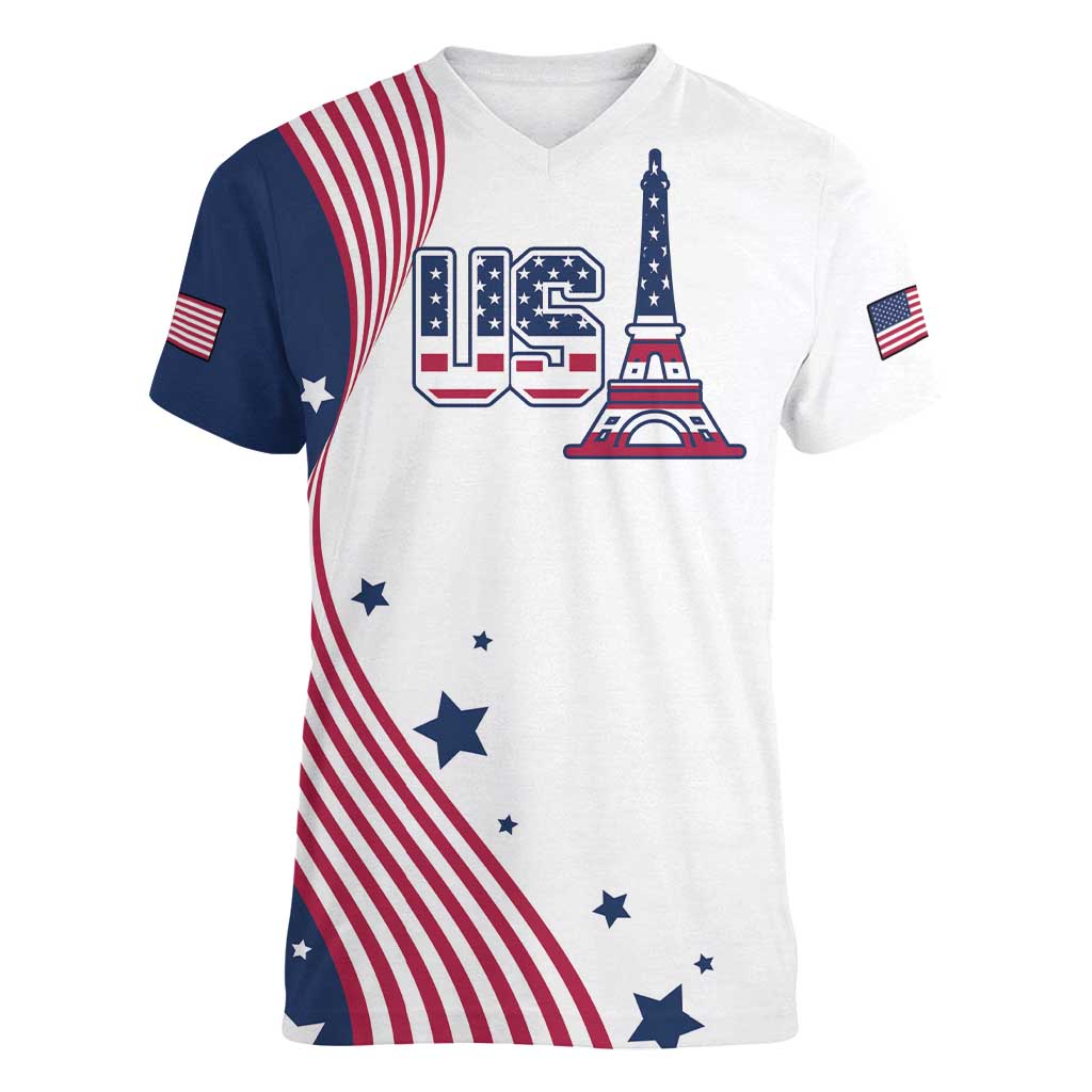 Custom USA Summer Sport 2024 Women V-Neck T-Shirt Flag Of The United States - Wonder Print Shop