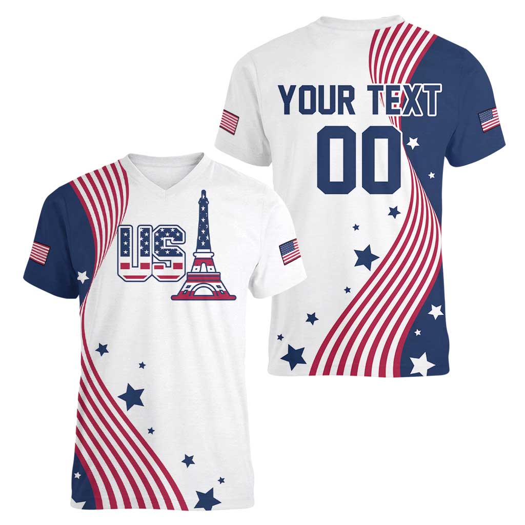 Custom USA Summer Sport 2024 Women V-Neck T-Shirt Flag Of The United States - Wonder Print Shop