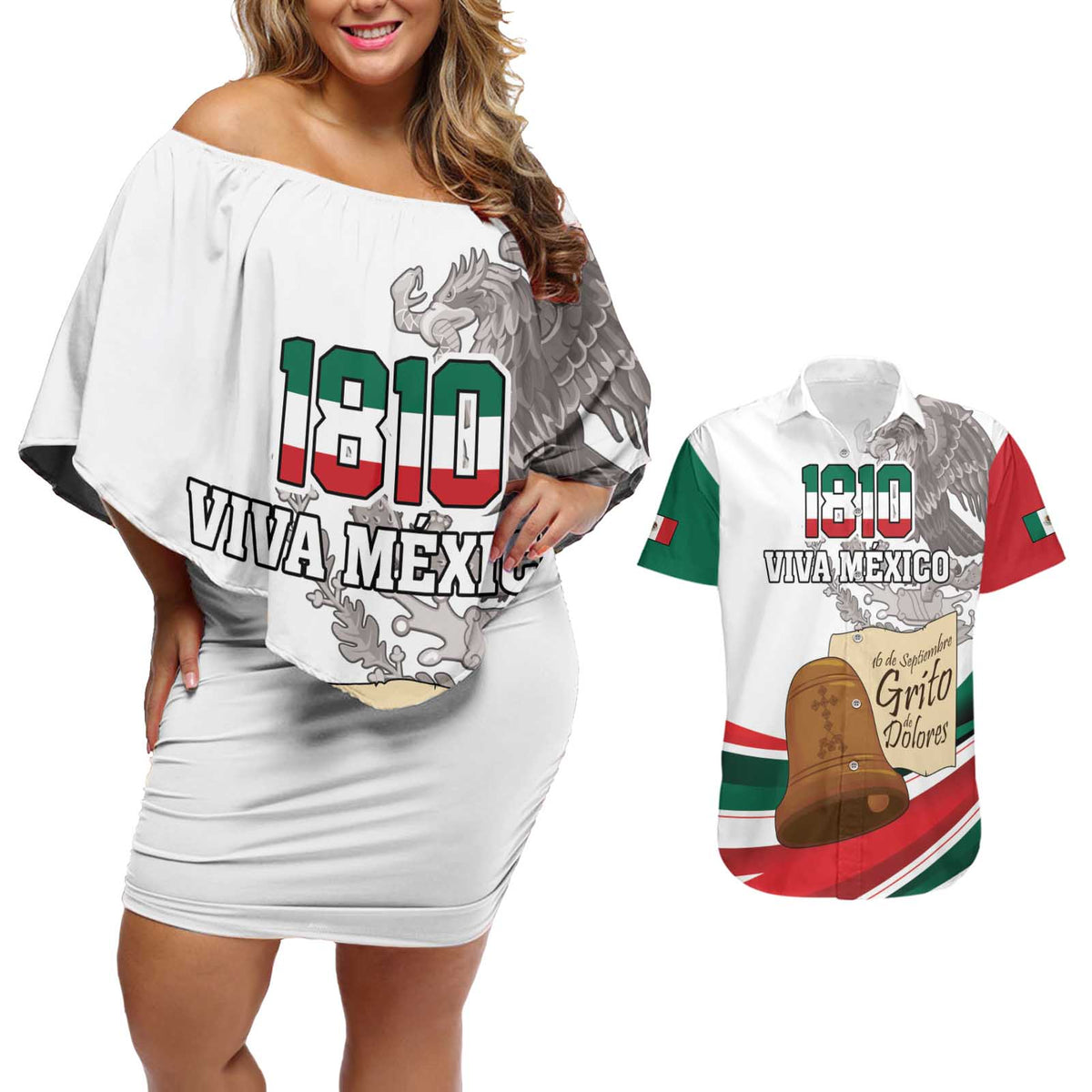 Custom Mexico Independence Day Couples Matching Off Shoulder Short Dress and Hawaiian Shirt El Grito De Independencia - Wonder Print Shop