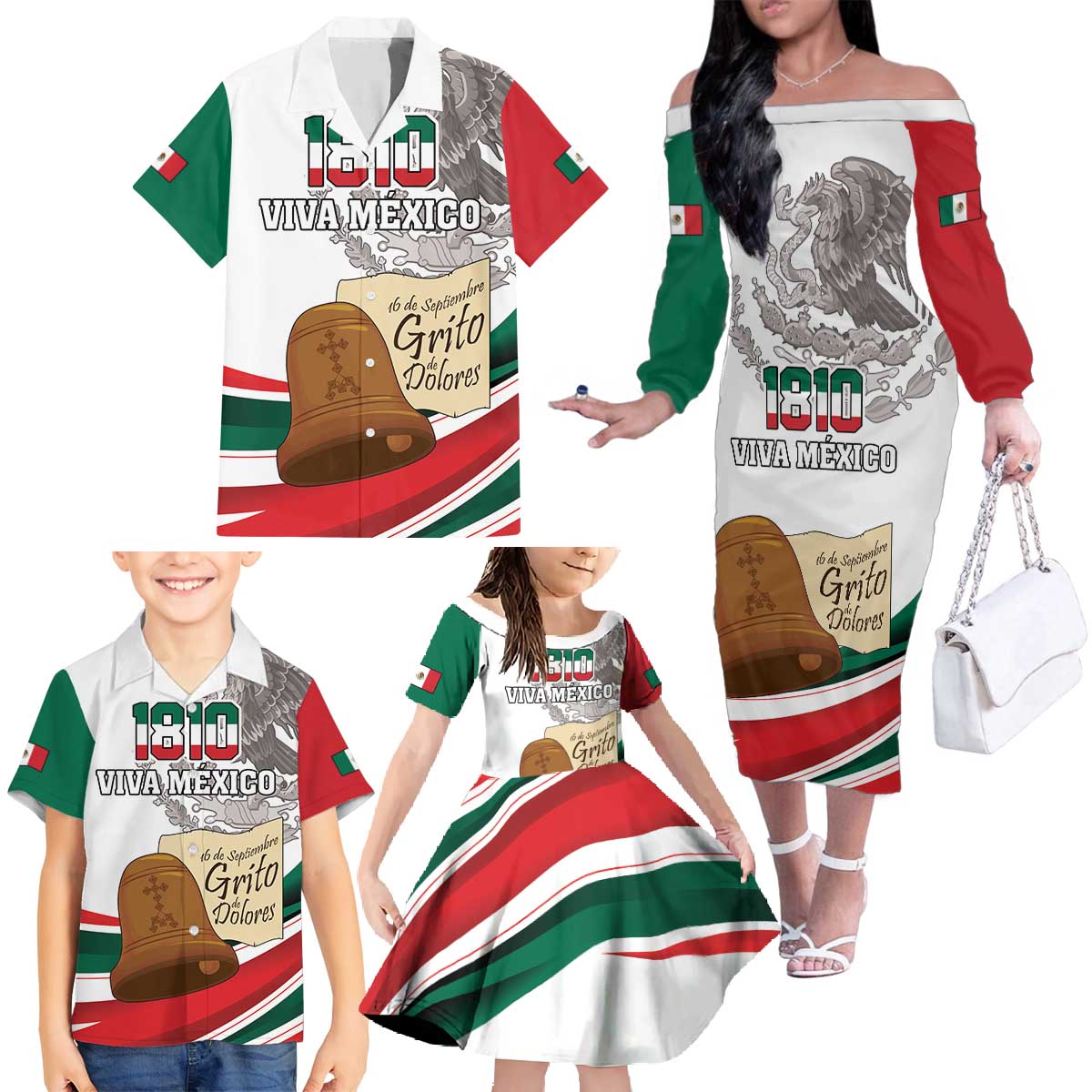Custom Mexico Independence Day Family Matching Off The Shoulder Long Sleeve Dress and Hawaiian Shirt El Grito De Independencia - Wonder Print Shop