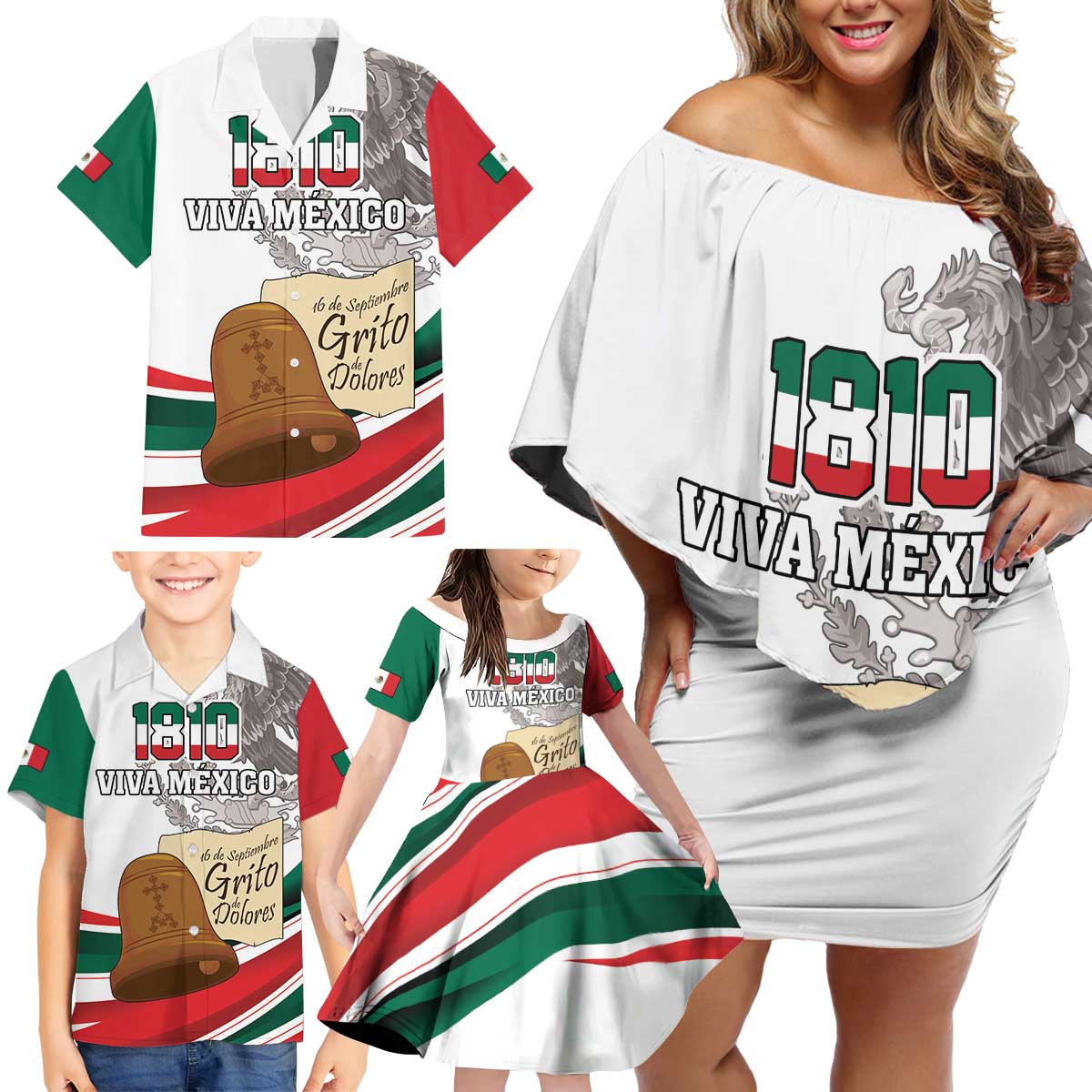 Custom Mexico Independence Day Family Matching Off Shoulder Short Dress and Hawaiian Shirt El Grito De Independencia - Wonder Print Shop