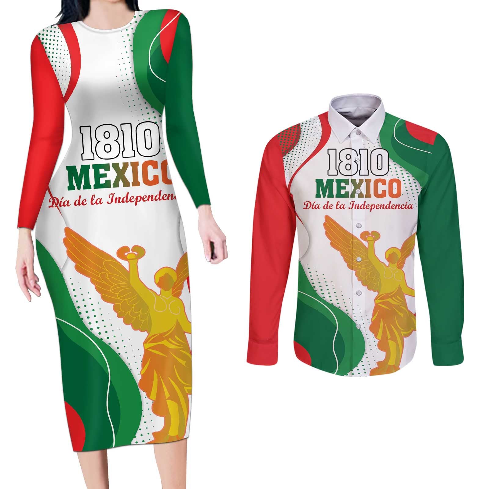 Custom Mexico Independence Day Couples Matching Long Sleeve Bodycon Dress and Long Sleeve Button Shirt Monumento A La Independencia - Wonder Print Shop