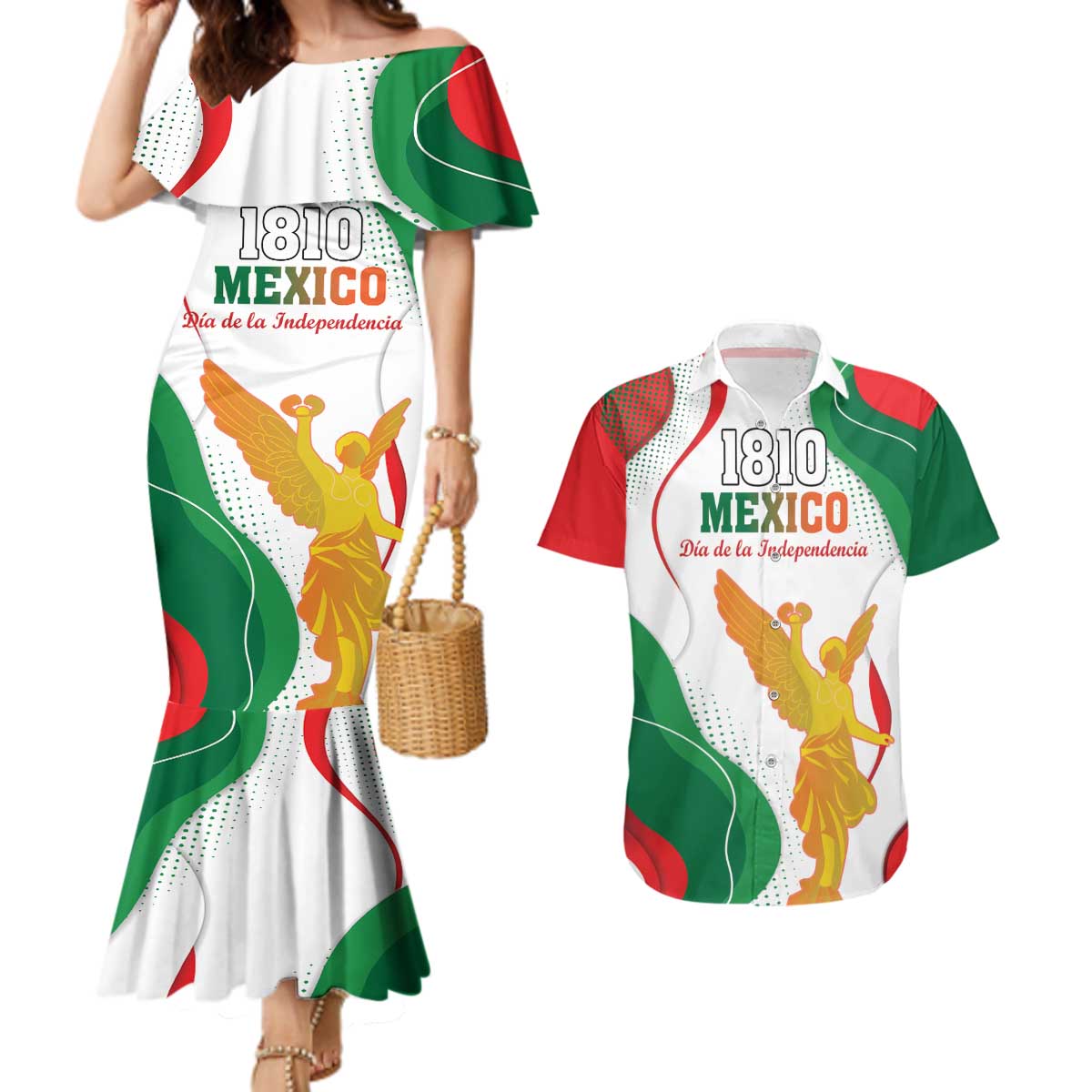 Custom Mexico Independence Day Couples Matching Mermaid Dress and Hawaiian Shirt Monumento A La Independencia - Wonder Print Shop