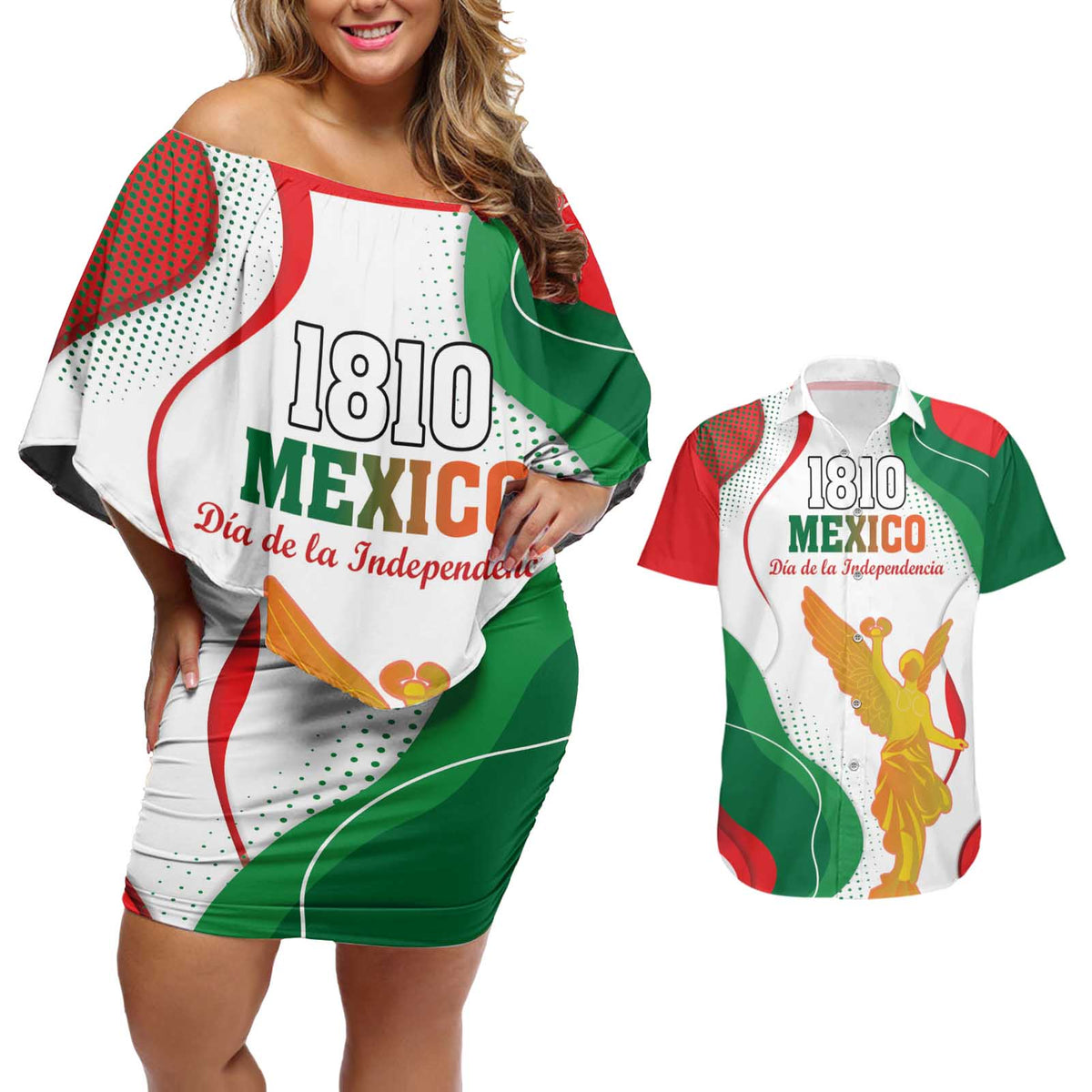 Custom Mexico Independence Day Couples Matching Off Shoulder Short Dress and Hawaiian Shirt Monumento A La Independencia - Wonder Print Shop