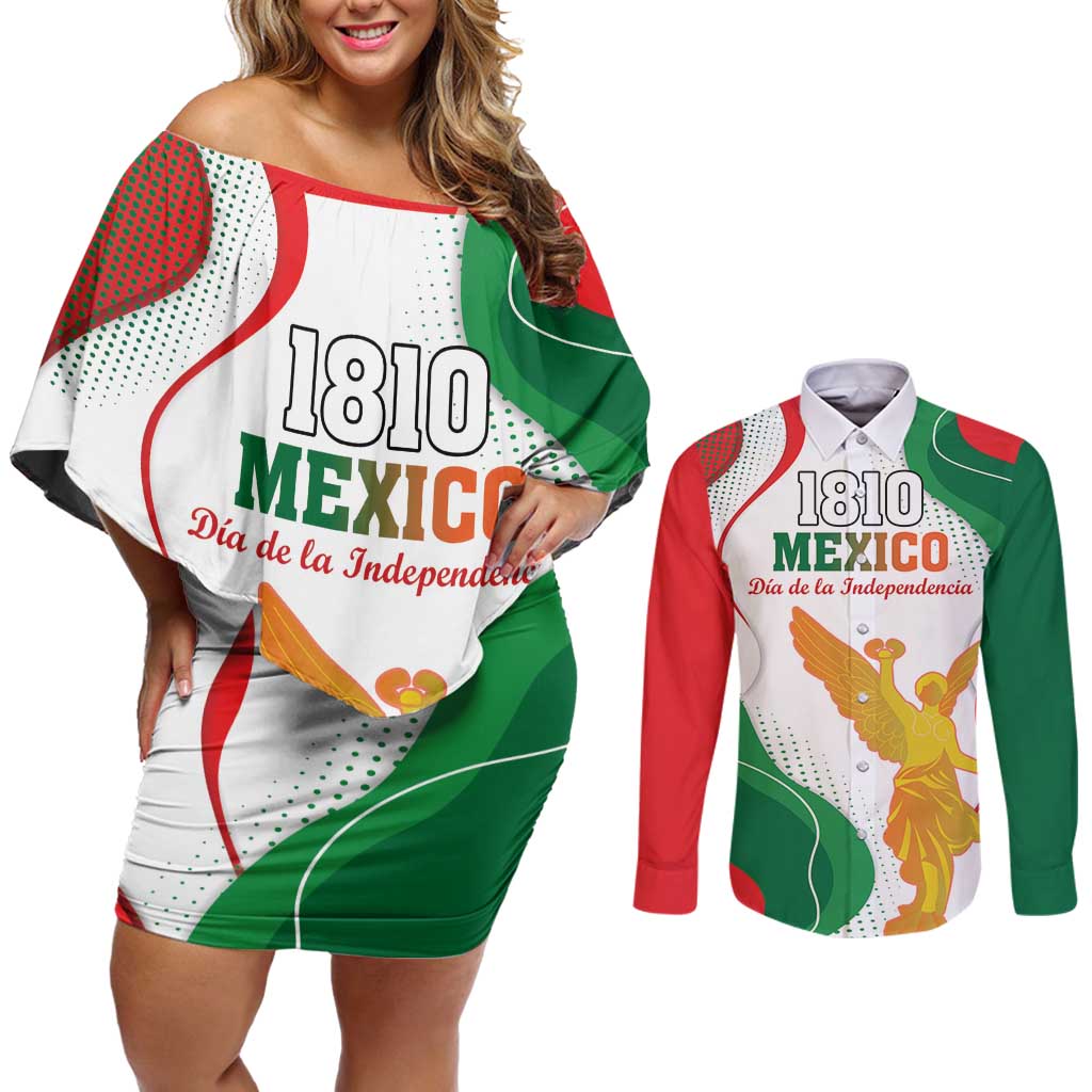 Custom Mexico Independence Day Couples Matching Off Shoulder Short Dress and Long Sleeve Button Shirt Monumento A La Independencia - Wonder Print Shop
