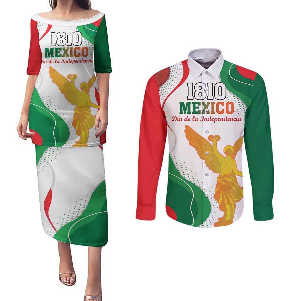 Custom Mexico Independence Day Couples Matching Puletasi and Long Sleeve Button Shirt Monumento A La Independencia - Wonder Print Shop