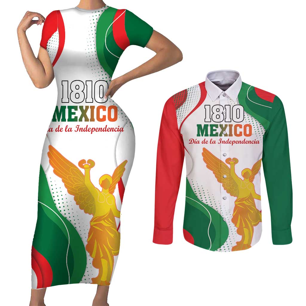 Custom Mexico Independence Day Couples Matching Short Sleeve Bodycon Dress and Long Sleeve Button Shirt Monumento A La Independencia - Wonder Print Shop
