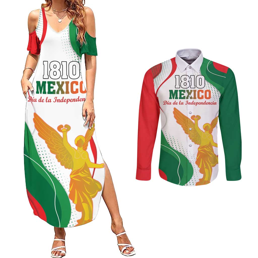Custom Mexico Independence Day Couples Matching Summer Maxi Dress and Long Sleeve Button Shirt Monumento A La Independencia - Wonder Print Shop