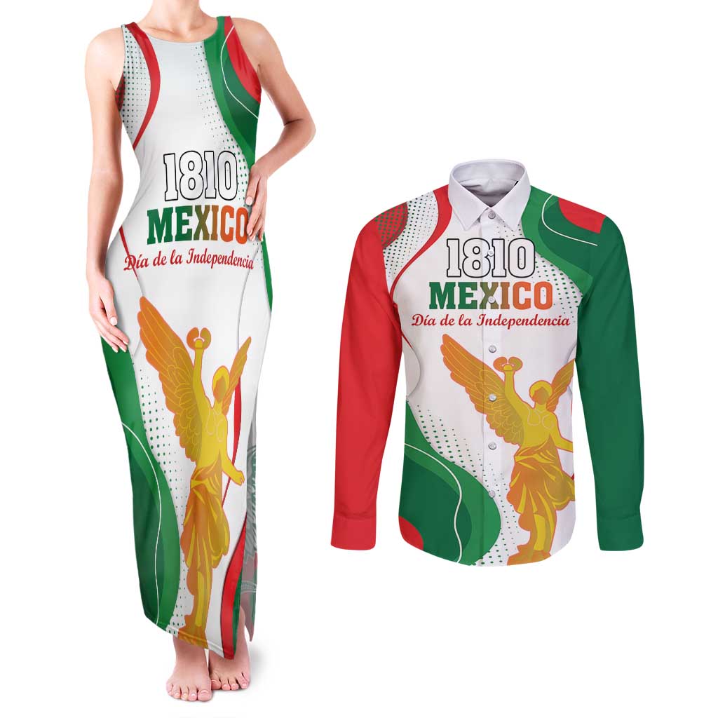 Custom Mexico Independence Day Couples Matching Tank Maxi Dress and Long Sleeve Button Shirt Monumento A La Independencia - Wonder Print Shop