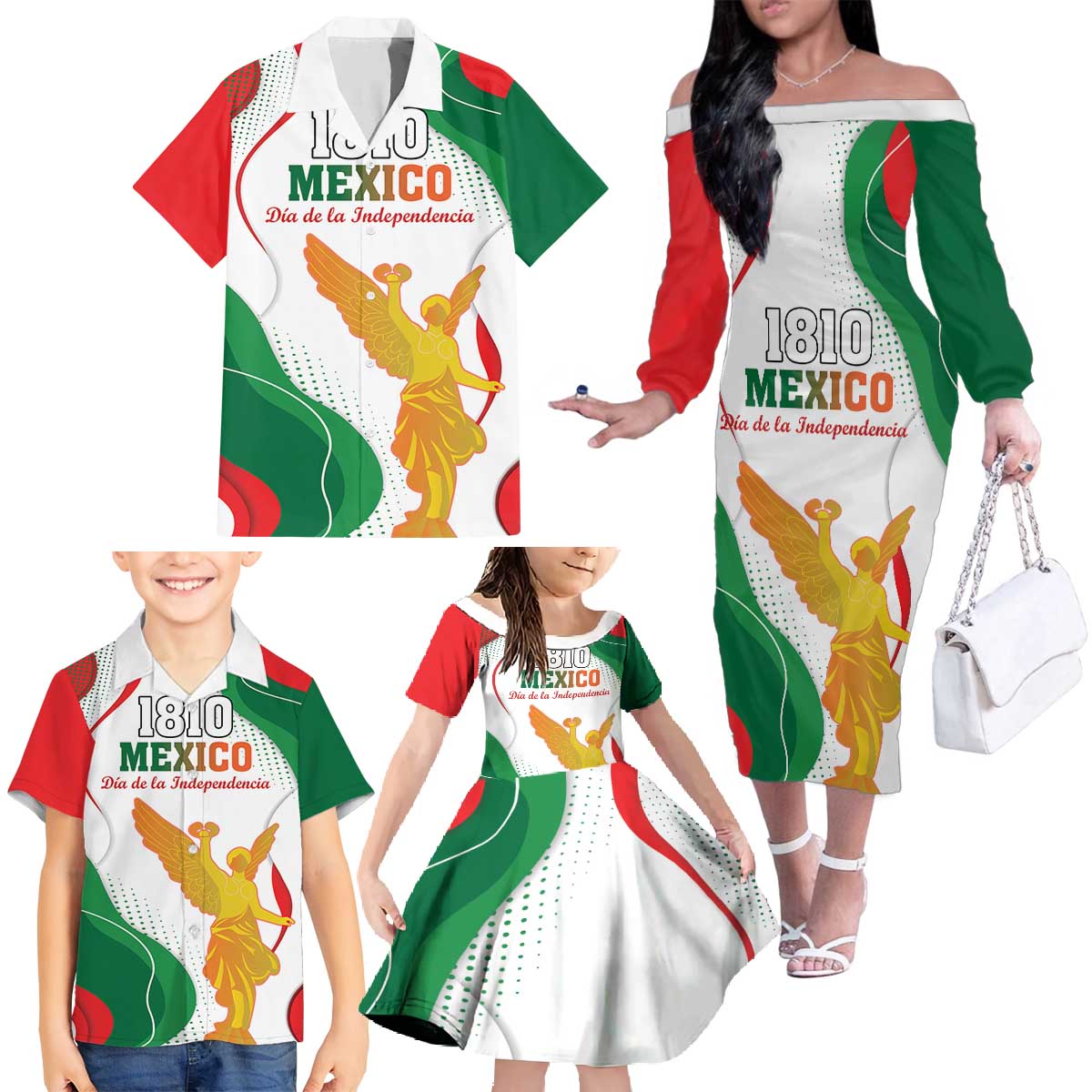 Custom Mexico Independence Day Family Matching Off The Shoulder Long Sleeve Dress and Hawaiian Shirt Monumento A La Independencia - Wonder Print Shop