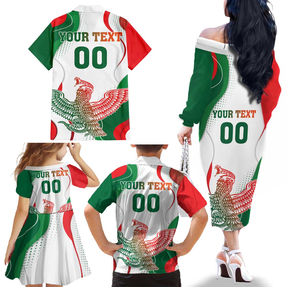 Custom Mexico Independence Day Family Matching Off The Shoulder Long Sleeve Dress and Hawaiian Shirt Monumento A La Independencia - Wonder Print Shop