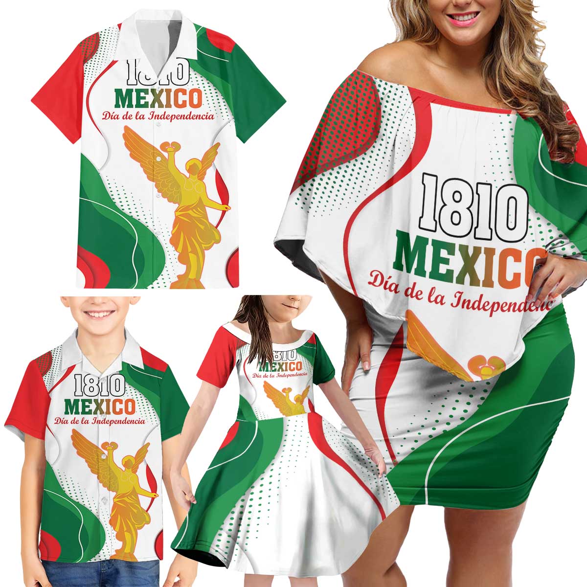 Custom Mexico Independence Day Family Matching Off Shoulder Short Dress and Hawaiian Shirt Monumento A La Independencia - Wonder Print Shop