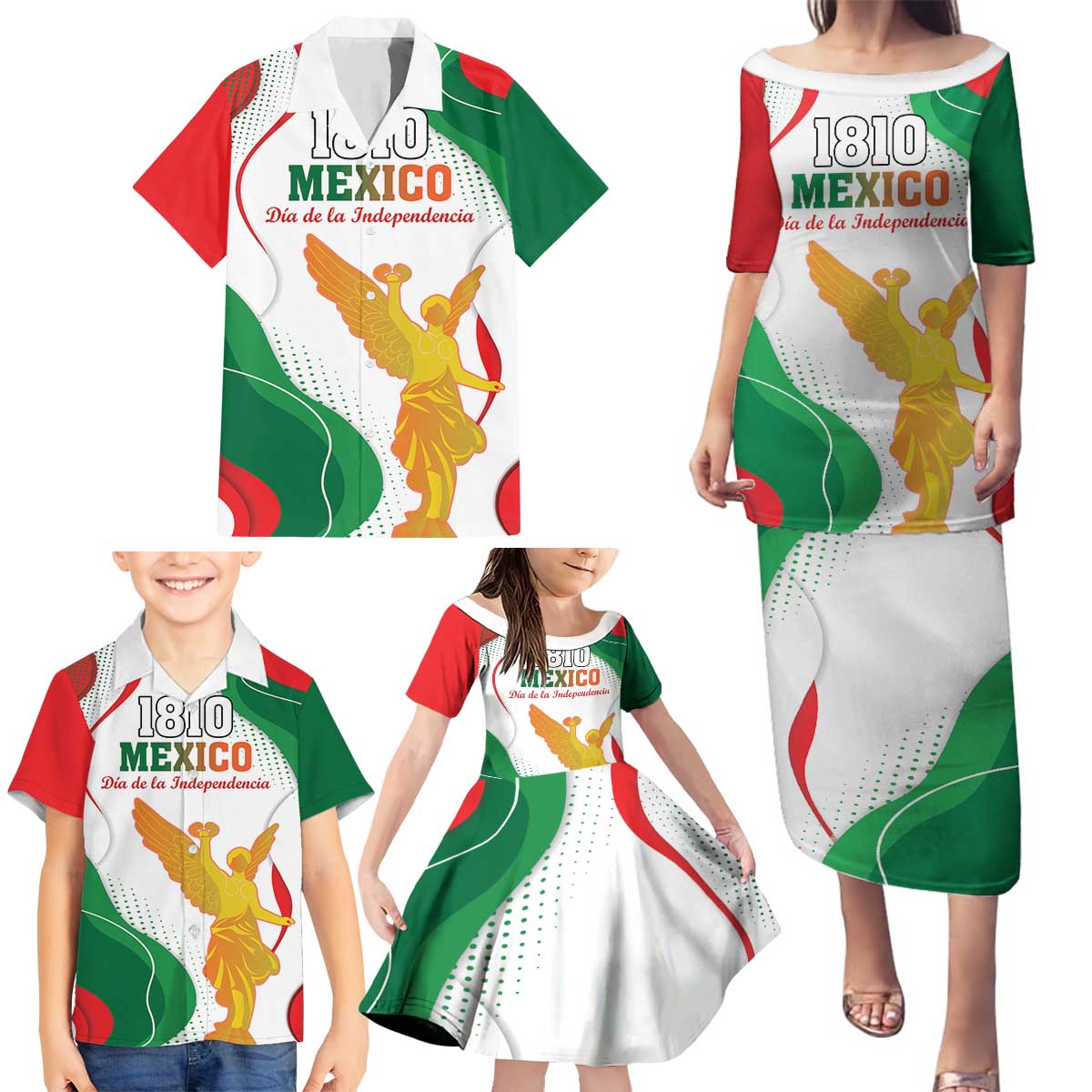Custom Mexico Independence Day Family Matching Puletasi and Hawaiian Shirt Monumento A La Independencia - Wonder Print Shop
