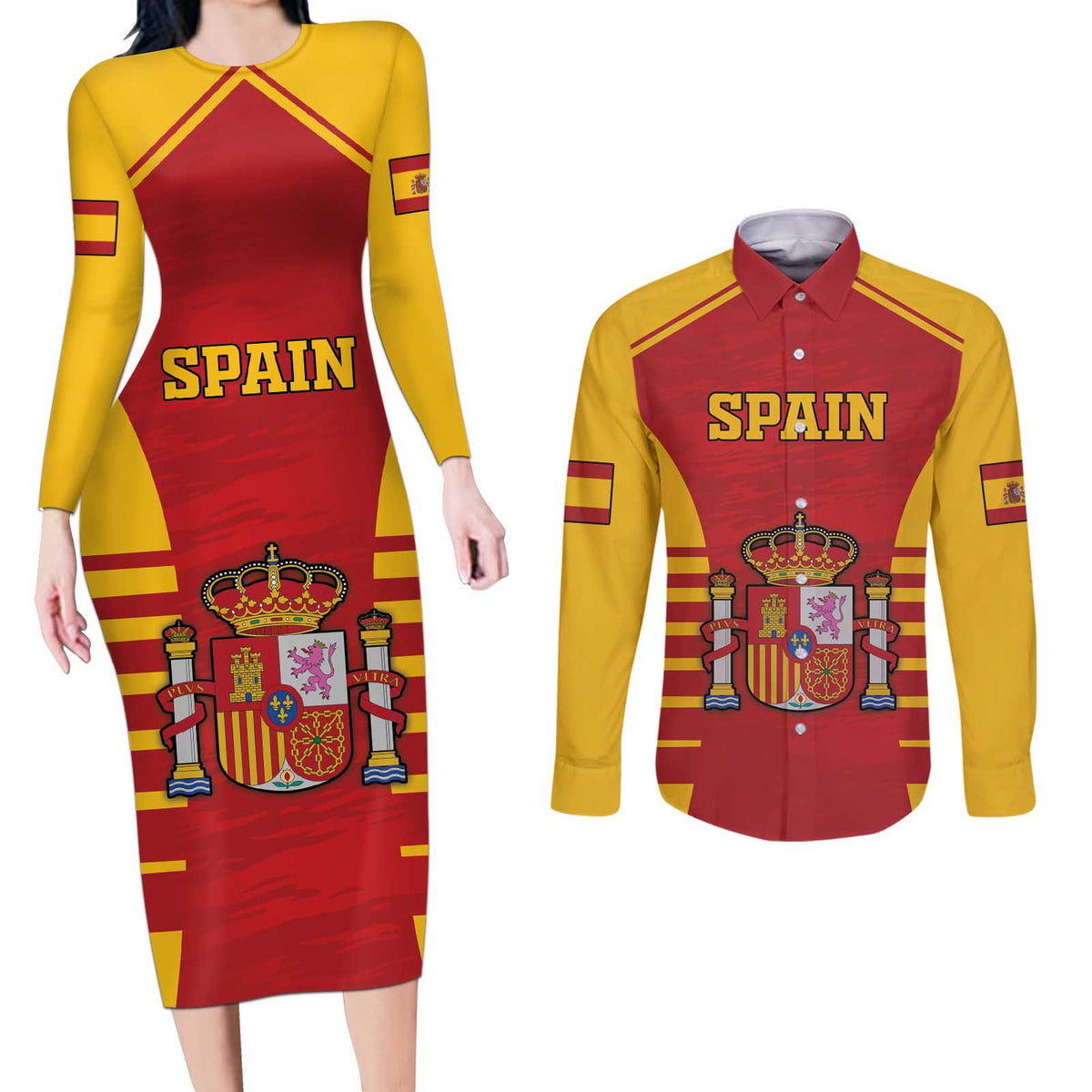 Custom Spain Coat Of Arms Couples Matching Long Sleeve Bodycon Dress and Long Sleeve Button Shirt Sport Style - Wonder Print Shop