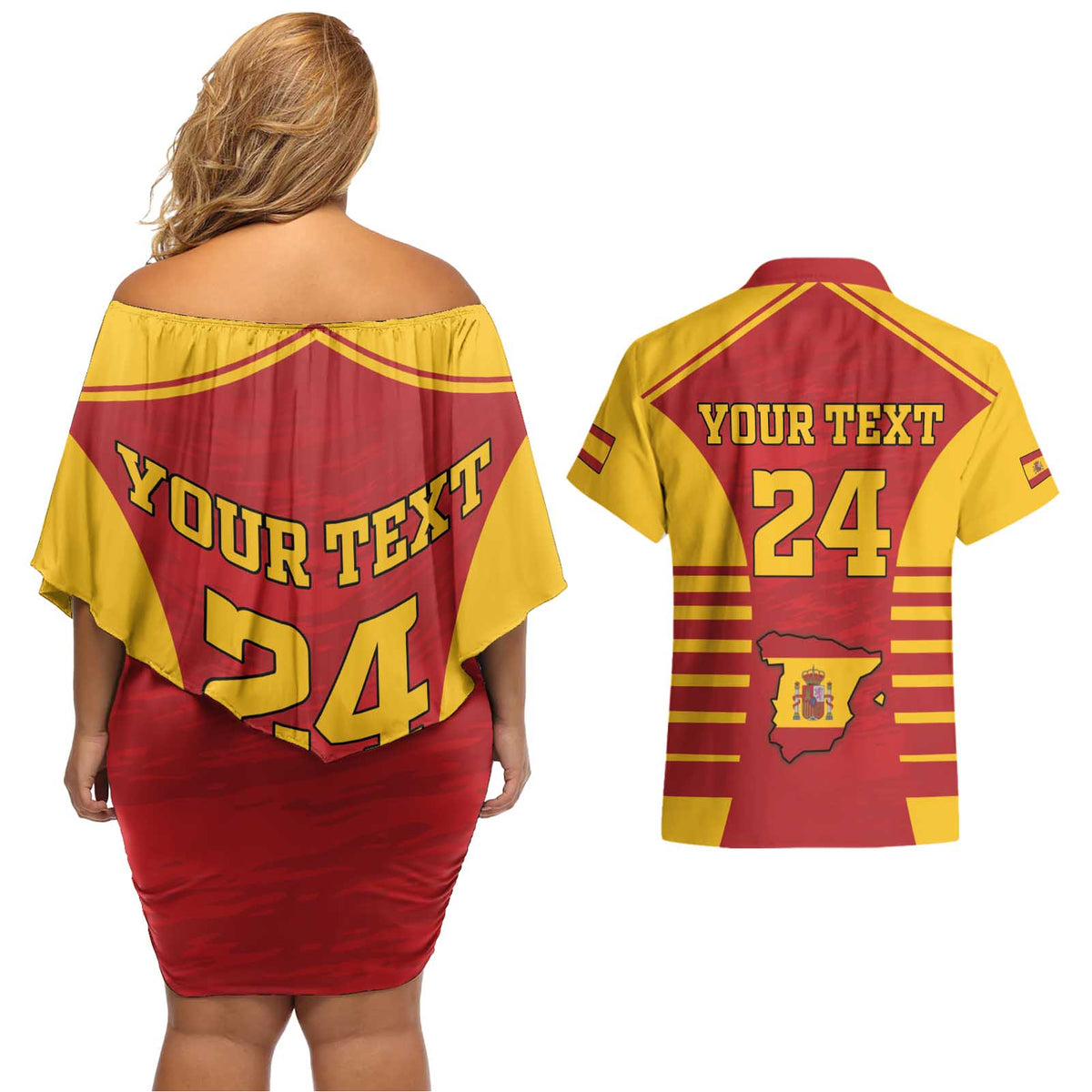 Custom Spain Coat Of Arms Couples Matching Off Shoulder Short Dress and Hawaiian Shirt Sport Style - Wonder Print Shop