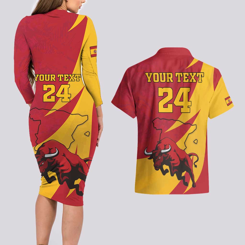Custom Spain Aggressive Fighting Bull Couples Matching Long Sleeve Bodycon Dress and Hawaiian Shirt With Carnation Flowers - Wonder Print Shop
