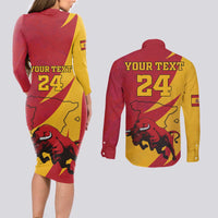 Custom Spain Aggressive Fighting Bull Couples Matching Long Sleeve Bodycon Dress and Long Sleeve Button Shirt With Carnation Flowers - Wonder Print Shop