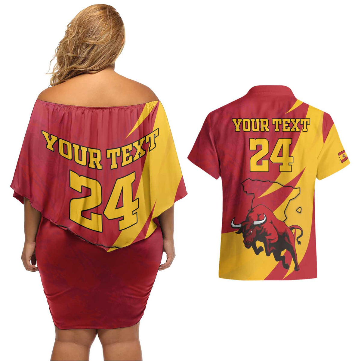 Custom Spain Aggressive Fighting Bull Couples Matching Off Shoulder Short Dress and Hawaiian Shirt With Carnation Flowers - Wonder Print Shop