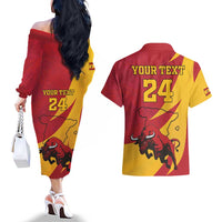 Custom Spain Aggressive Fighting Bull Couples Matching Off The Shoulder Long Sleeve Dress and Hawaiian Shirt With Carnation Flowers - Wonder Print Shop