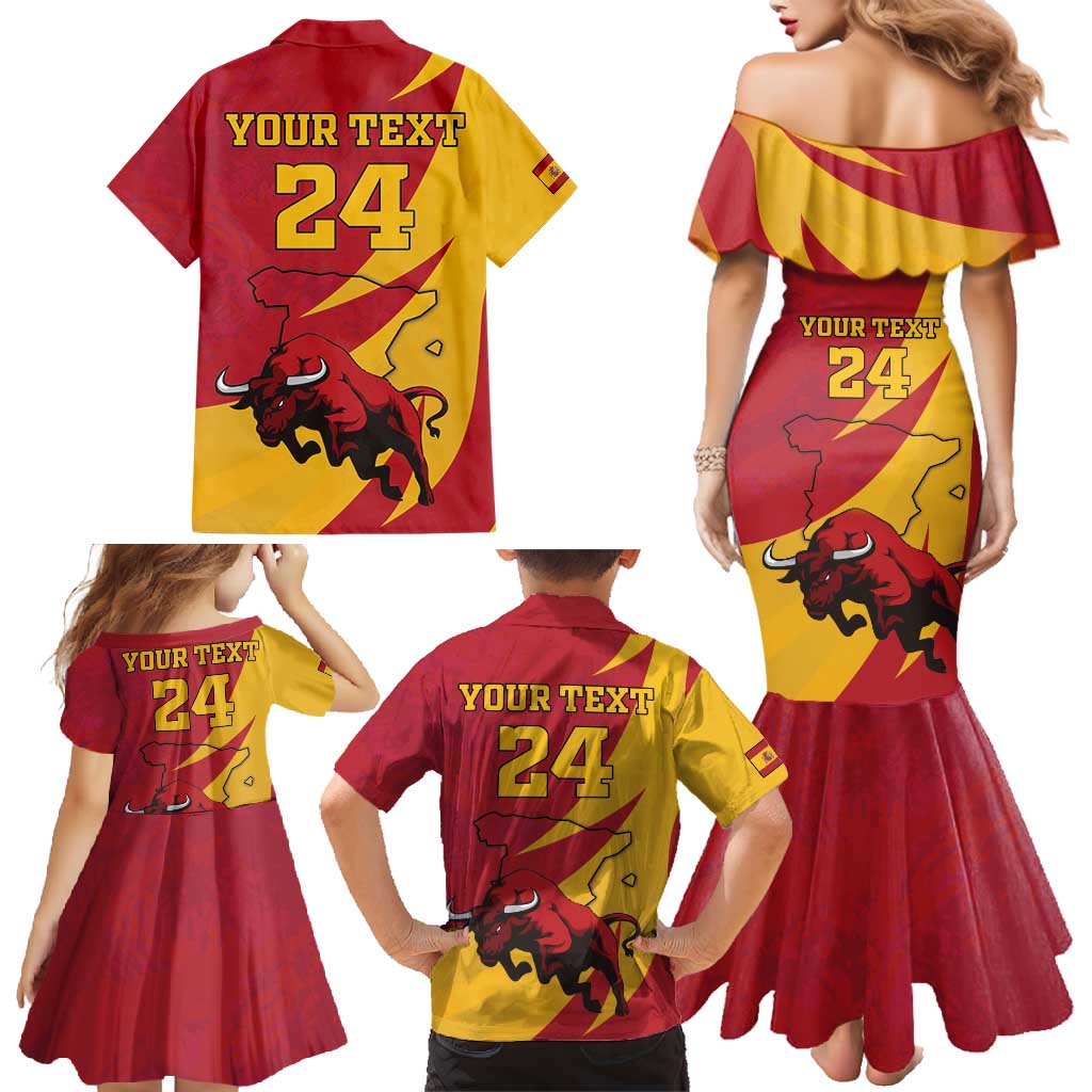 Custom Spain Aggressive Fighting Bull Family Matching Mermaid Dress and Hawaiian Shirt With Carnation Flowers - Wonder Print Shop