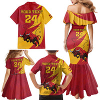 Custom Spain Aggressive Fighting Bull Family Matching Mermaid Dress and Hawaiian Shirt With Carnation Flowers - Wonder Print Shop