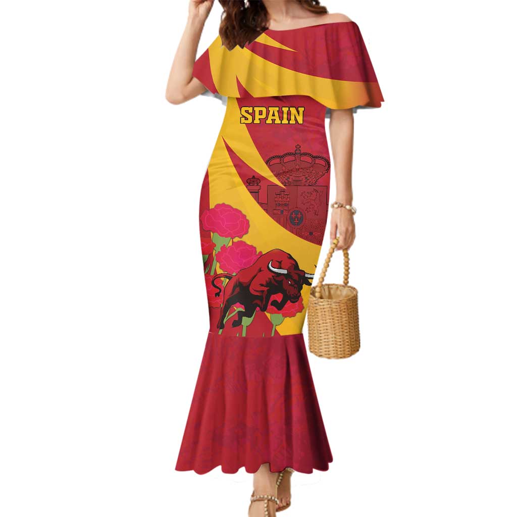 Custom Spain Aggressive Fighting Bull Family Matching Mermaid Dress and Hawaiian Shirt With Carnation Flowers - Wonder Print Shop