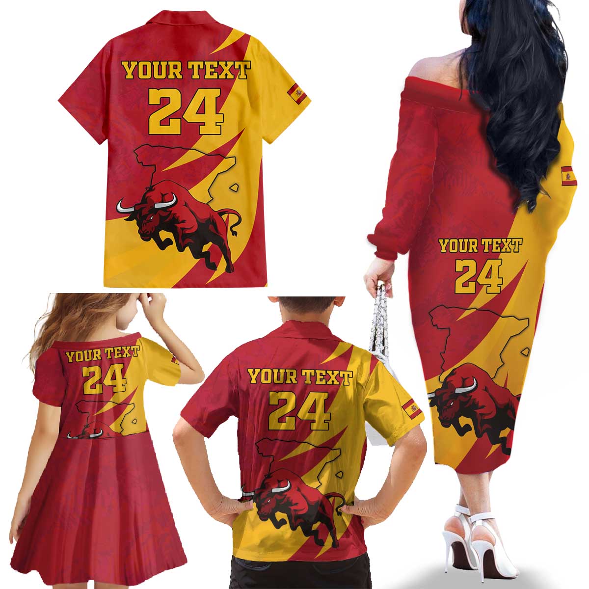 Custom Spain Aggressive Fighting Bull Family Matching Off The Shoulder Long Sleeve Dress and Hawaiian Shirt With Carnation Flowers - Wonder Print Shop