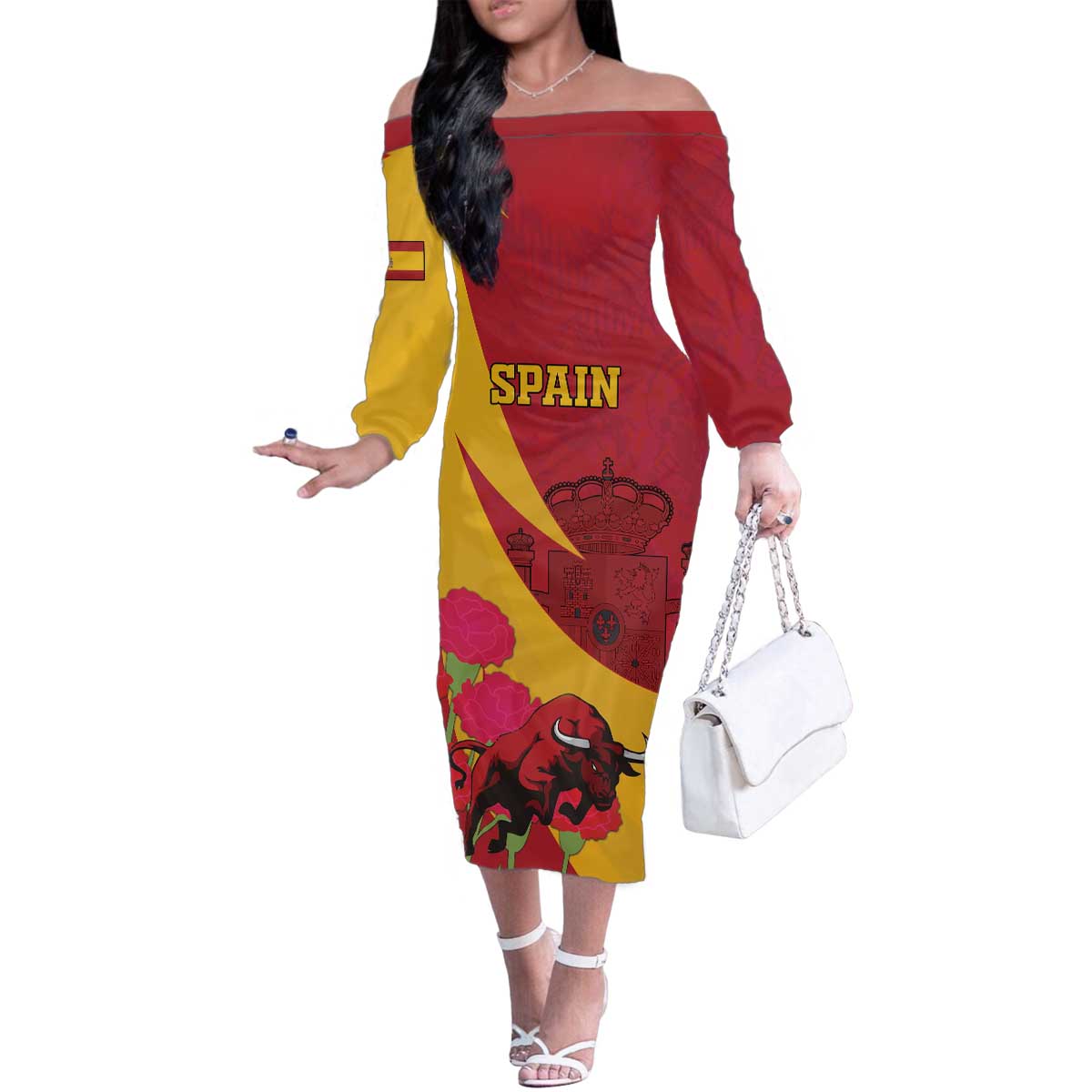 Custom Spain Aggressive Fighting Bull Family Matching Off The Shoulder Long Sleeve Dress and Hawaiian Shirt With Carnation Flowers - Wonder Print Shop