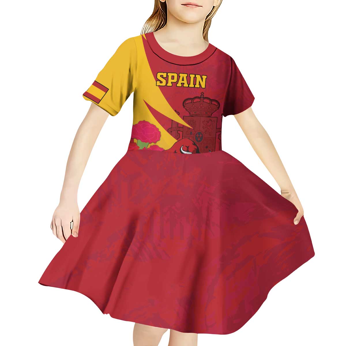 Custom Spain Aggressive Fighting Bull Kid Short Sleeve Dress With Carnation Flowers - Wonder Print Shop