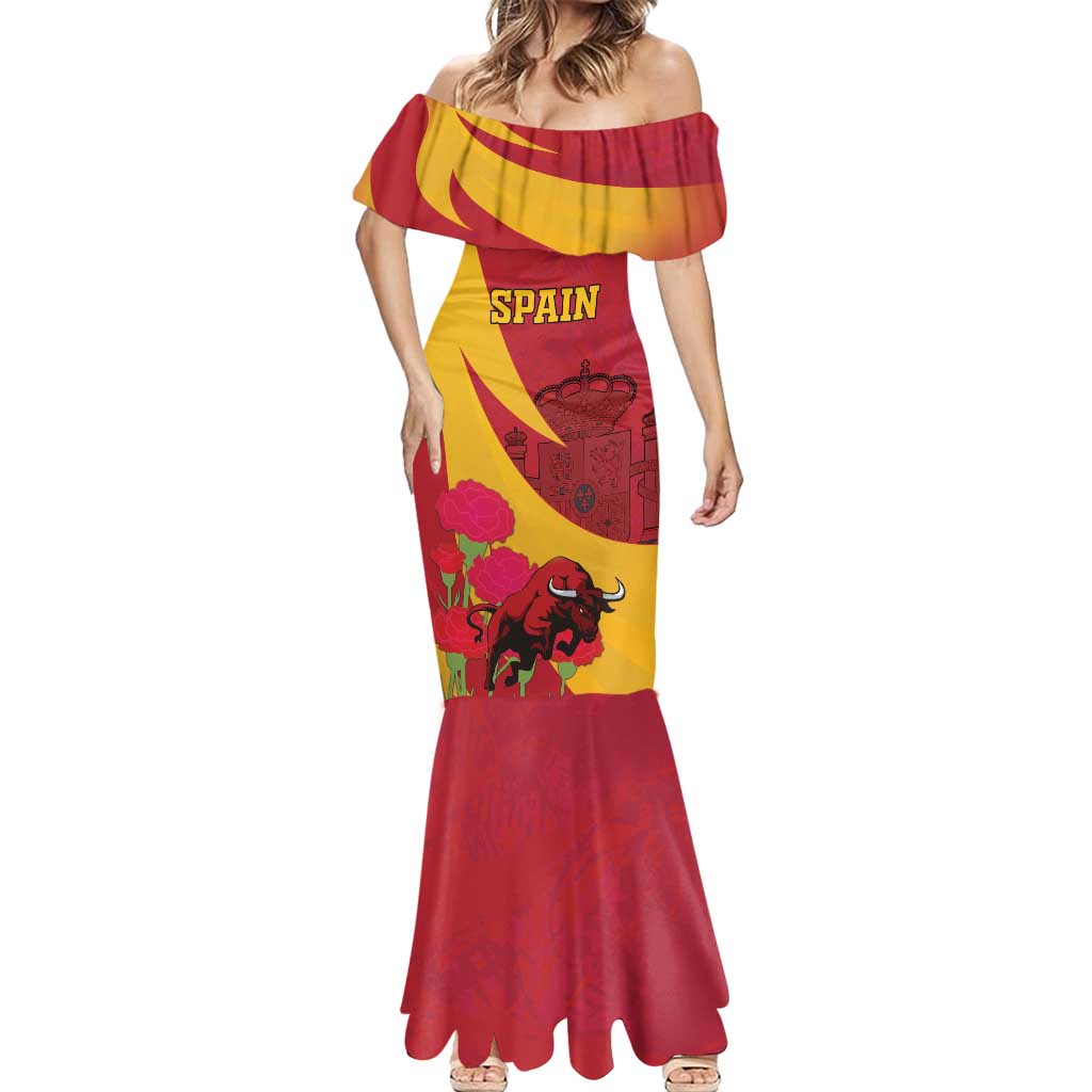 Custom Spain Aggressive Fighting Bull Mermaid Dress With Carnation Flowers - Wonder Print Shop