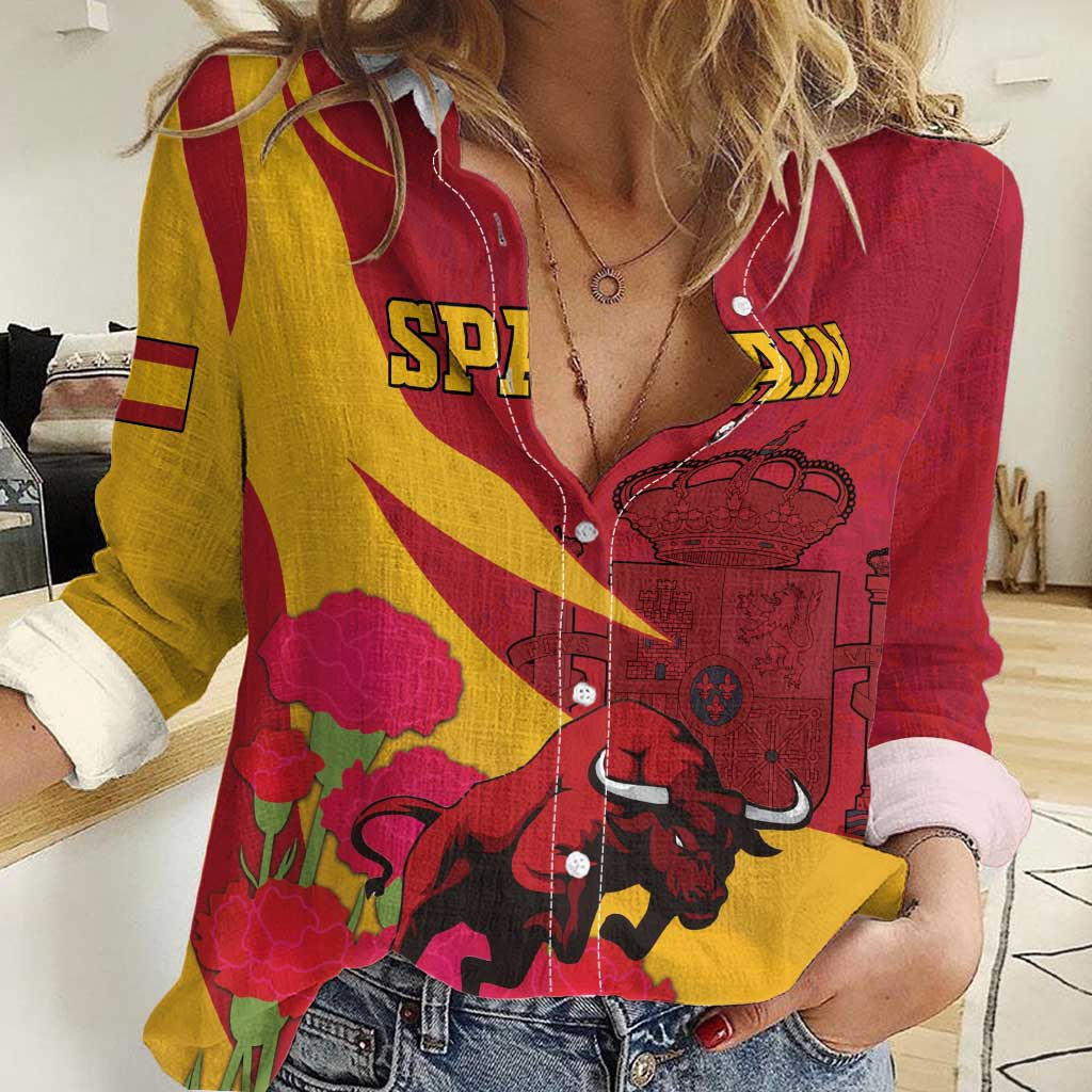 Custom Spain Aggressive Fighting Bull Women Casual Shirt With Carnation Flowers - Wonder Print Shop