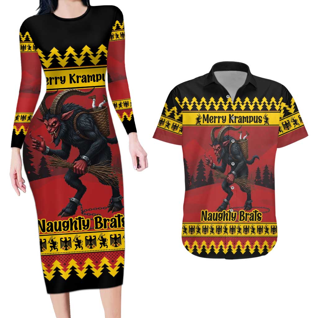 Merry Krampus Germany Couples Matching Long Sleeve Bodycon Dress and Hawaiian Shirt Frohe Weihnachten - Wonder Print Shop