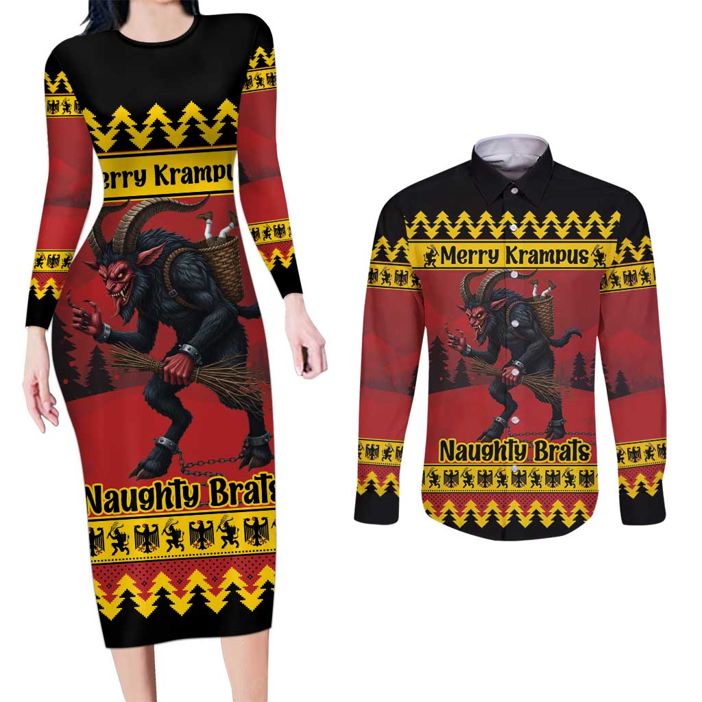 Merry Krampus Germany Couples Matching Long Sleeve Bodycon Dress and Long Sleeve Button Shirt Frohe Weihnachten - Wonder Print Shop