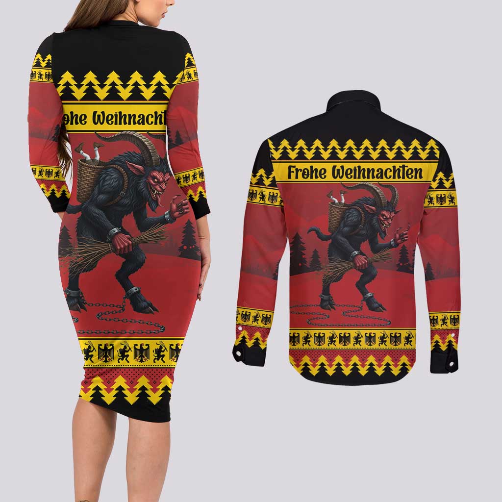 Merry Krampus Germany Couples Matching Long Sleeve Bodycon Dress and Long Sleeve Button Shirt Frohe Weihnachten - Wonder Print Shop