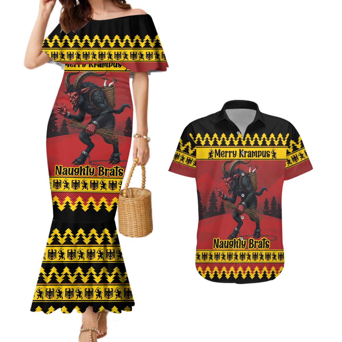 Merry Krampus Germany Couples Matching Mermaid Dress and Hawaiian Shirt Frohe Weihnachten - Wonder Print Shop