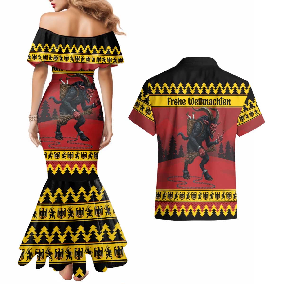 Merry Krampus Germany Couples Matching Mermaid Dress and Hawaiian Shirt Frohe Weihnachten - Wonder Print Shop