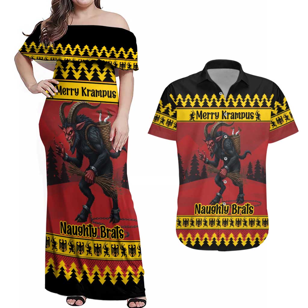 Merry Krampus Germany Couples Matching Off Shoulder Maxi Dress and Hawaiian Shirt Frohe Weihnachten - Wonder Print Shop