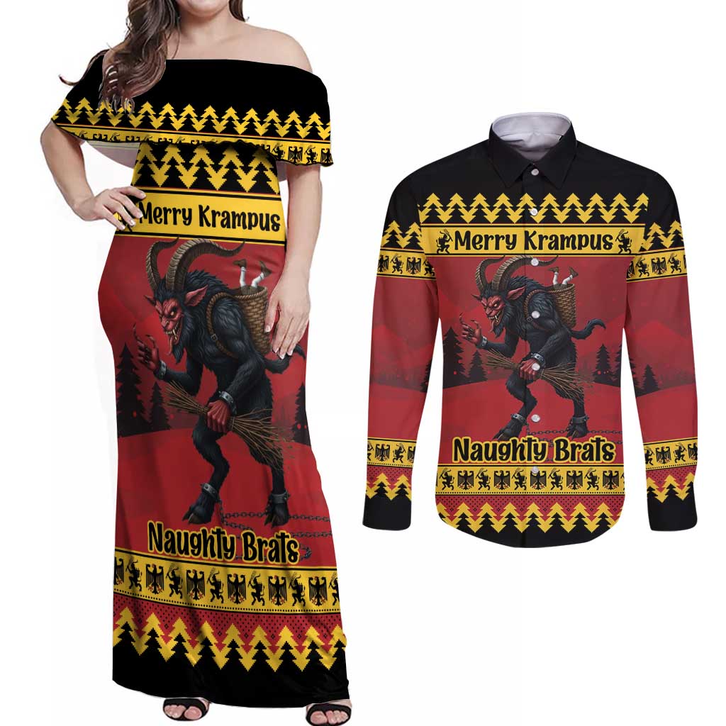 Merry Krampus Germany Couples Matching Off Shoulder Maxi Dress and Long Sleeve Button Shirt Frohe Weihnachten - Wonder Print Shop