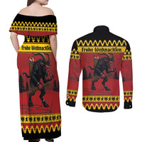 Merry Krampus Germany Couples Matching Off Shoulder Maxi Dress and Long Sleeve Button Shirt Frohe Weihnachten - Wonder Print Shop