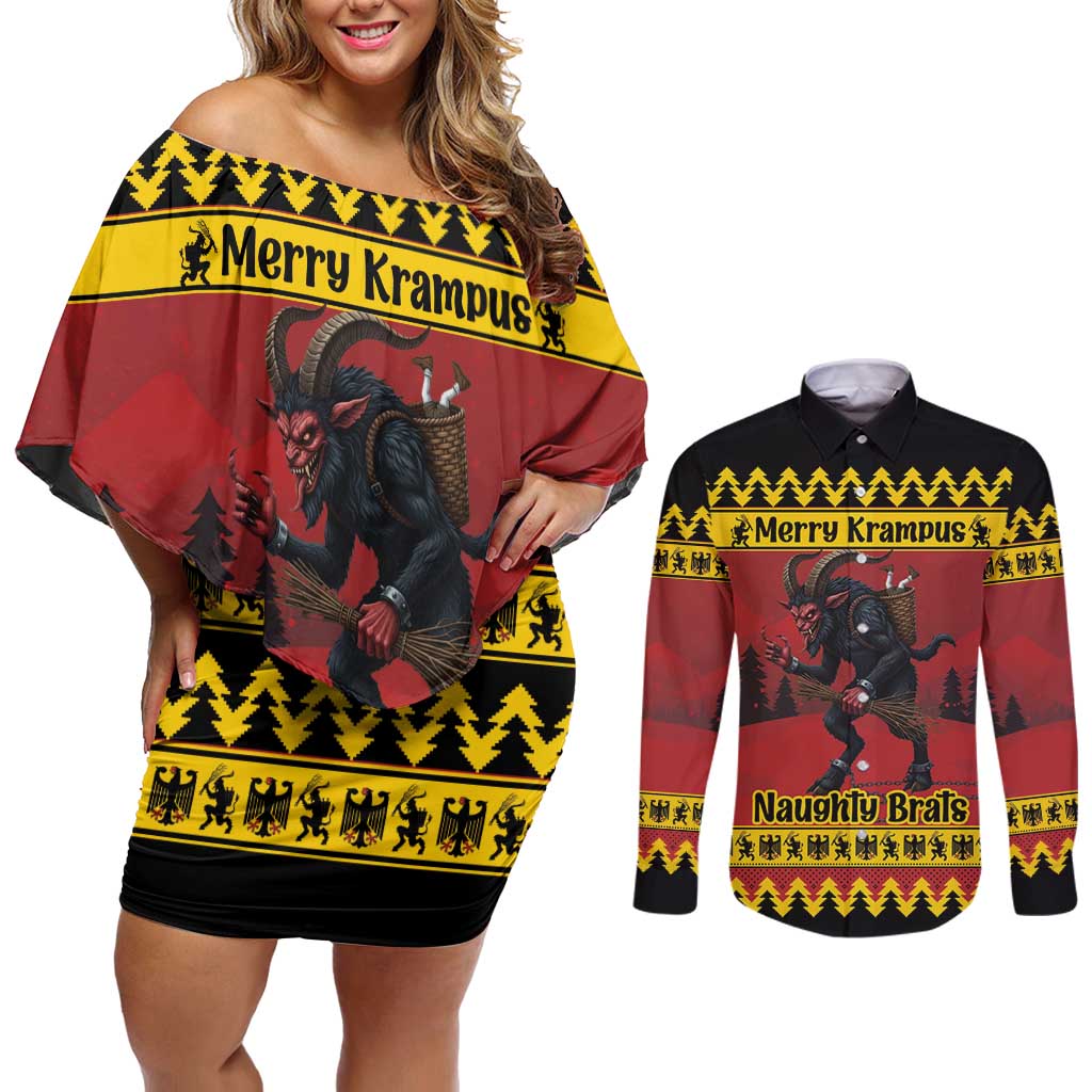 Merry Krampus Germany Couples Matching Off Shoulder Short Dress and Long Sleeve Button Shirt Frohe Weihnachten - Wonder Print Shop