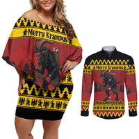 Merry Krampus Germany Couples Matching Off Shoulder Short Dress and Long Sleeve Button Shirt Frohe Weihnachten - Wonder Print Shop