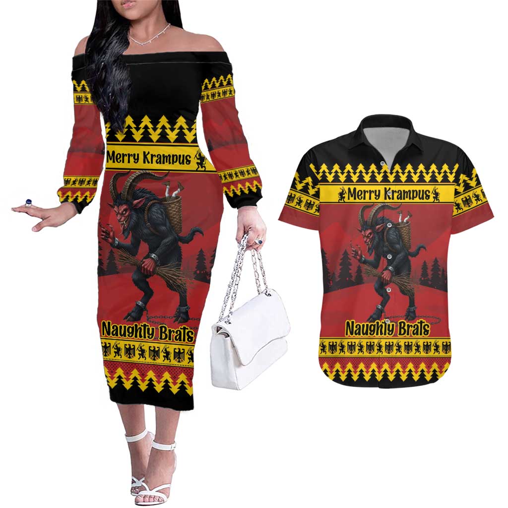 Merry Krampus Germany Couples Matching Off The Shoulder Long Sleeve Dress and Hawaiian Shirt Frohe Weihnachten - Wonder Print Shop