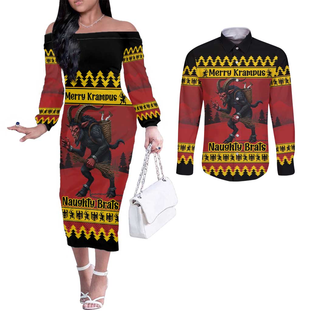 Merry Krampus Germany Couples Matching Off The Shoulder Long Sleeve Dress and Long Sleeve Button Shirt Frohe Weihnachten - Wonder Print Shop