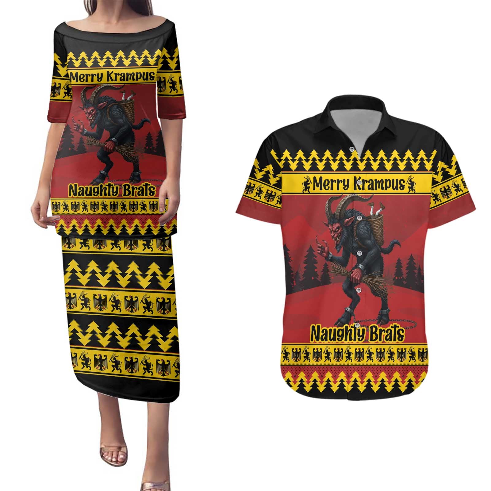 Merry Krampus Germany Couples Matching Puletasi and Hawaiian Shirt Frohe Weihnachten - Wonder Print Shop