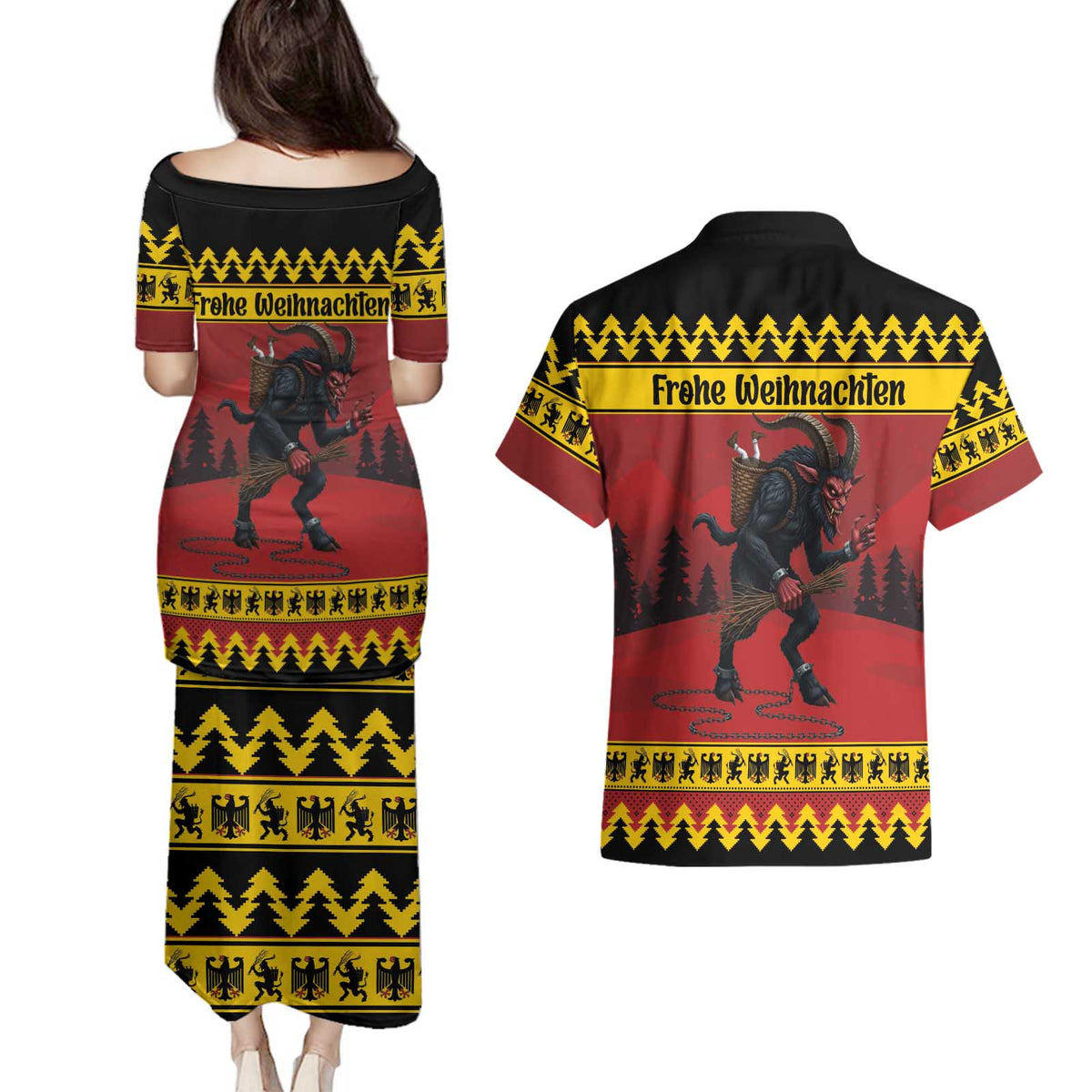 Merry Krampus Germany Couples Matching Puletasi and Hawaiian Shirt Frohe Weihnachten - Wonder Print Shop